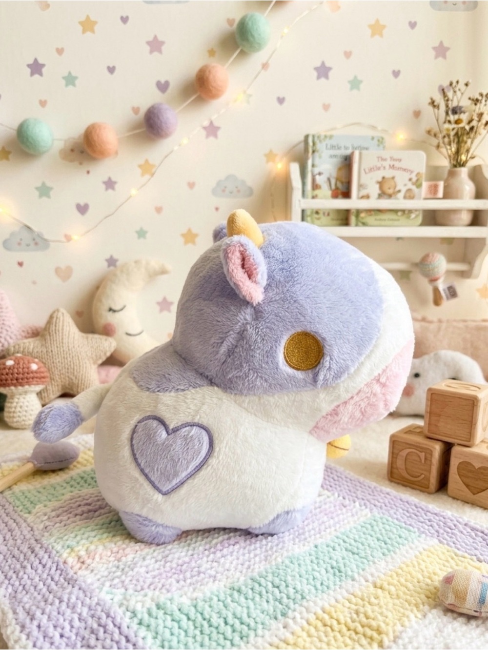 Lavender & White Plush Cow with Heart Accent